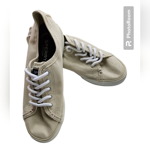 NWOT SPERRY TOP-SIDER Tan Canvas Raw Edge Laced Slip-Ons | SZ 7 - Picture 1 of 15